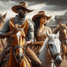 a man and a woman are riding horses together .