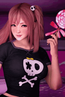 a girl with pink hair is holding a lollipop and wearing a black shirt with a skull and crossbones on it