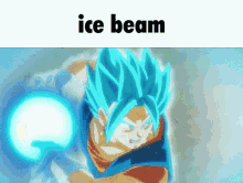 a cartoon character with blue hair is holding an ice beam