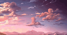 a painting of a sunset over a mountain range with pink clouds