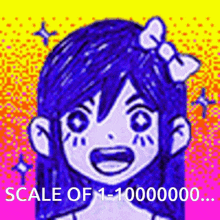 a drawing of a girl with blue hair and a bow in her hair with the words `` scale of 1 - 1000000 '' .