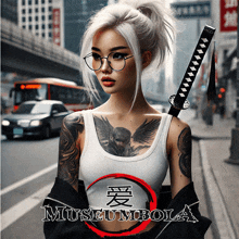 a woman with a tattoo on her chest is holding a sword in front of a sign that says museum bola