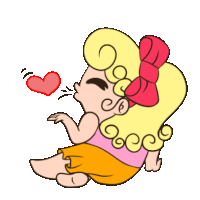 a cartoon of a girl blowing a kiss with a red heart in the background