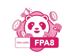 a panda bear surrounded by food and coins with the use code fpa8