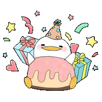 a duck wearing a party hat is sitting on a cake surrounded by gifts .