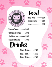 a menu for uwu cafe dishes and desserts includes food and drinks