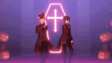 a couple of anime characters are standing next to each other in front of a coffin with a cross on it .