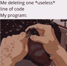 a meme that says me deleting one line of code * useless * my program