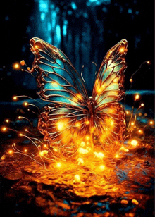 a butterfly is surrounded by glowing lights on a rock