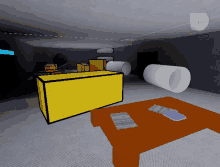 a computer generated image of a room with boxes and a table with the word first at the top