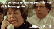 a woman talking on a phone with a caption that says no se juega asi con los sentimientos de la buena gente