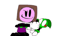 a cartoon character with a pink face is hugging another cartoon character with a green leaf .