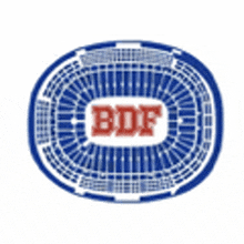 a blue and white oval logo with the word bdf on it .