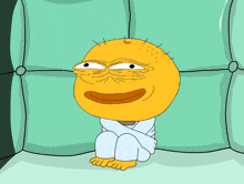 a cartoon character with a yellow face is sitting on a bed with his arms crossed