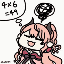 a drawing of a girl with horns and a thought bubble that says 4x6 = 49