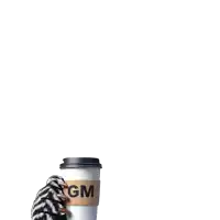 a cup of coffee with a gm sleeve on it