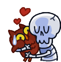 a cartoon of a skeleton hugging an owl with hearts around it