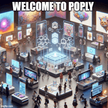 a group of people are gathered in a room with the words welcome to poply