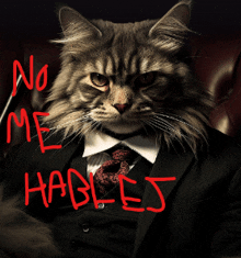 a cat in a suit and tie with the words " no me hagles " written on it