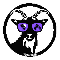 a goat wearing purple sunglasses with palm trees reflected in its eyes is labeled yuta kishi