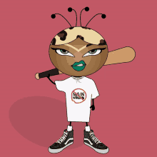 a cartoon character holding a bat and wearing a white shirt that says main stream