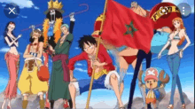 a group of anime characters are standing next to each other holding flags and one of them is holding a flag .