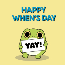 a frog holding a sign that says " yay "