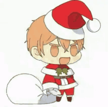 a cartoon character wearing a santa hat and holding a bag of gifts .