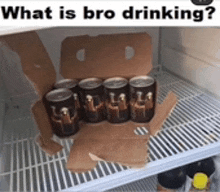 a box of cans in an empty refrigerator with the words what is bro drinking