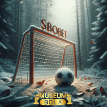 a soccer ball in front of a goal that says sbobet on it