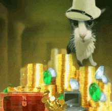 a black and white cat wearing a hat is standing on top of a pile of gold coins .