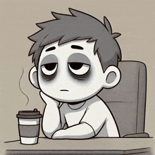 a cartoon of a man sitting at a table with a cup of coffee