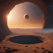 a hole in the ground with a planet in the sky above it