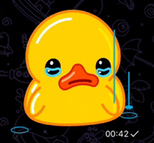 a yellow rubber duck is crying with a blue line going through its eye