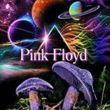 a pink floyd album cover with mushrooms in the foreground and planets in the background .