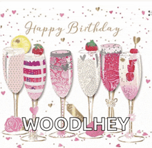 a birthday card with champagne glasses and the name woodl hey