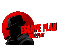 a logo for escape plan roleplay has a silhouette of a man in a hat