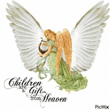 an angel playing a harp with the words children are a gift from heaven below it