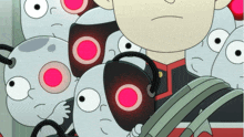 a group of cartoon characters with red eyes are standing around a boy