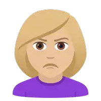 a woman with blonde hair and a purple shirt has an angry face