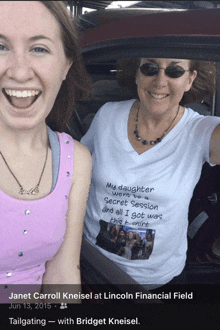 a woman wearing a t-shirt that says " my daughter was a secret session and all i got was this shirt "