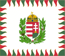 a flag with a coat of arms and a crown