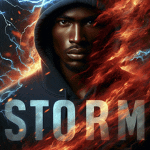 a poster for a movie called storm features a man in a hood