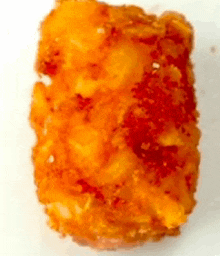 a close up of a piece of fried food on a white background