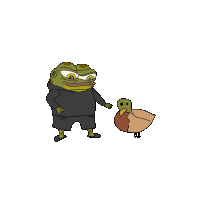 a frog wearing a black hoodie and shorts stands next to a duck