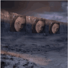 three images of a woman 's face are displayed on a snowy hillside