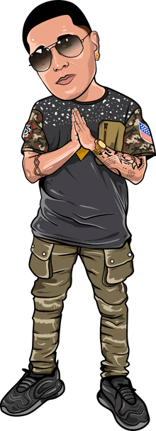 a cartoon drawing of a man wearing sunglasses and a t-shirt that says ' supreme ' on it