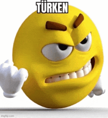 a yellow smiley face with a very angry look on its face and the word turken written on it .