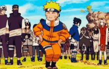 a group of anime characters are standing in a field and one of them is naruto