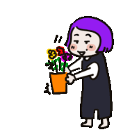 a cartoon girl with purple hair is watering flowers in an orange pot